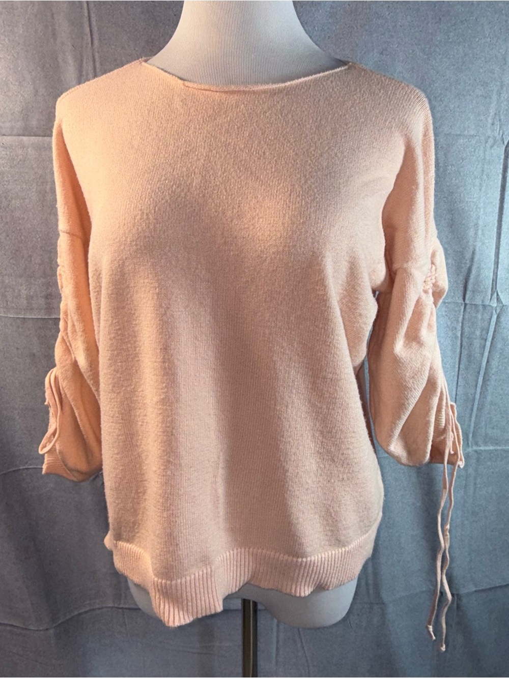 2179-Cato Peach Pullover with Bubble Sleeves and Tie Details